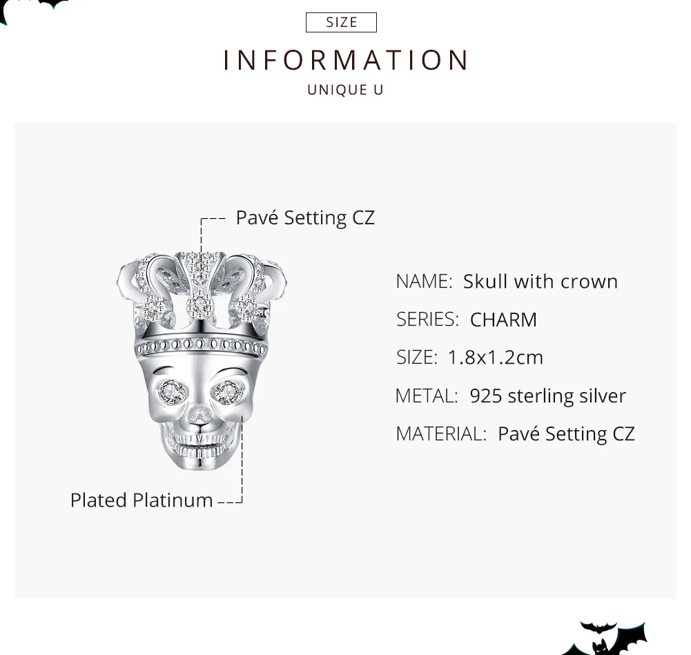 Pandora Style Silver Charm, Skull With Crown - SCC1361