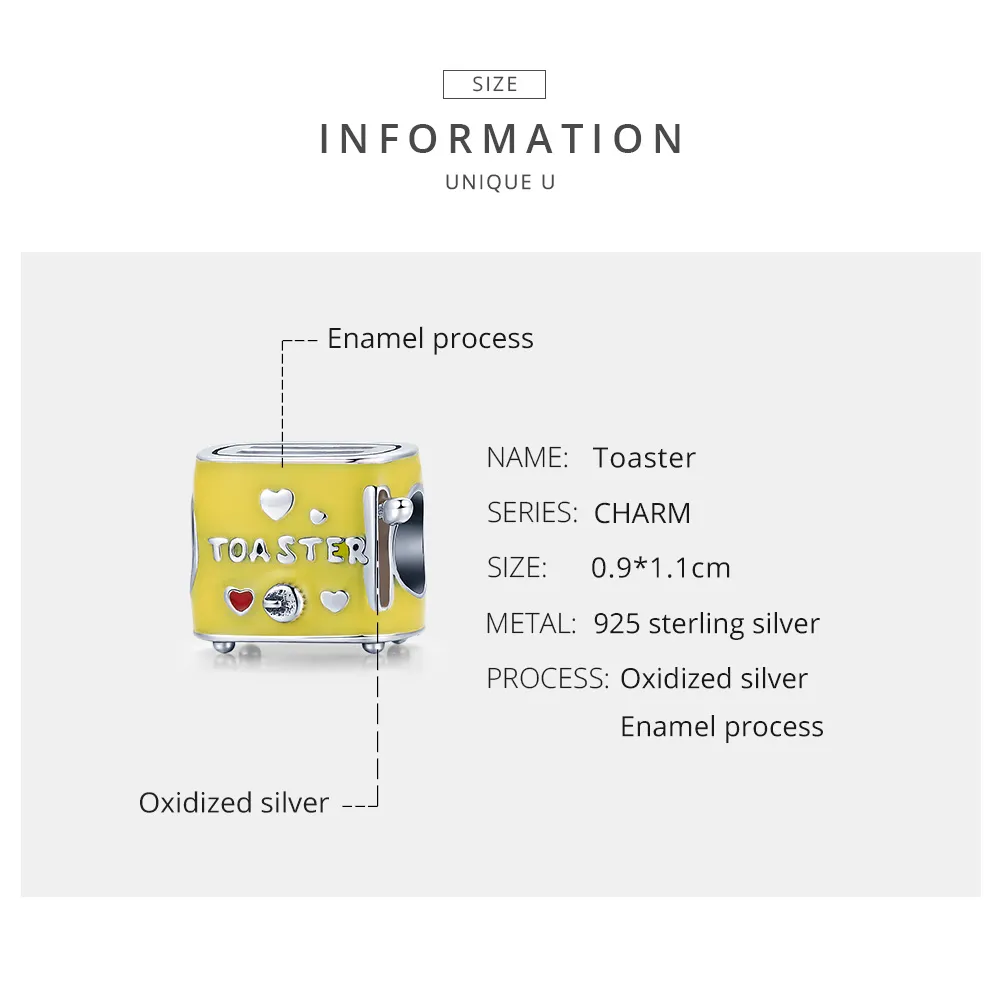 Pandora Style Silver Charm, Toaster, Yellow Enamel - SCC1863