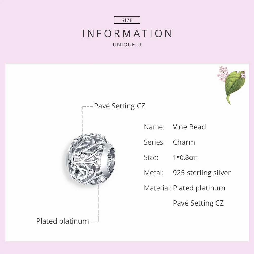 Pandora Style Silver Charm, Vine - BSC256