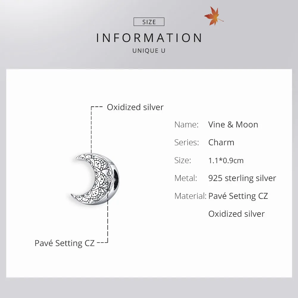 Pandora Style Silver Charm, Vine & Moon - SCC1604