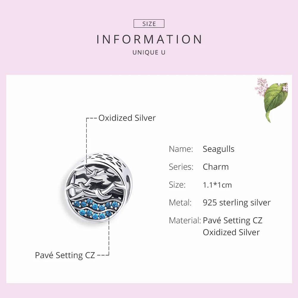 Pandora Style Silver Charm, Wave & Seagulls - SCC1454