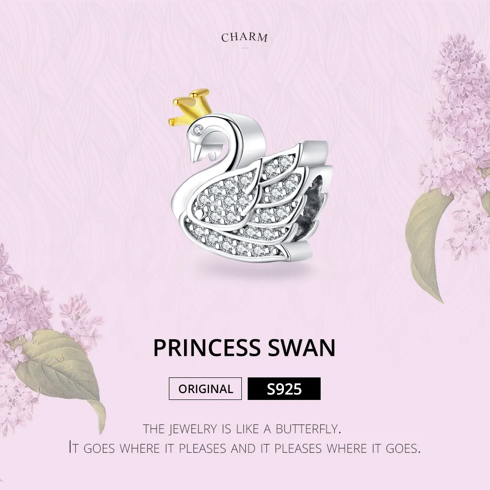 Two Tone Pandora Style Charm, Bicolor Princess Swan - SCC1343