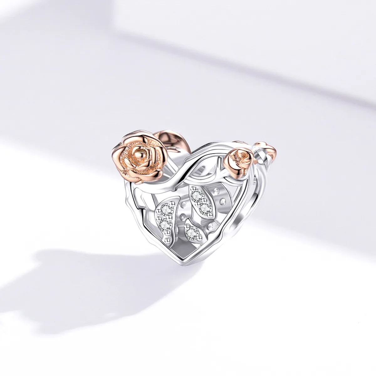 Two Tone Pandora Style Charm, Heart With Roses - BSC280