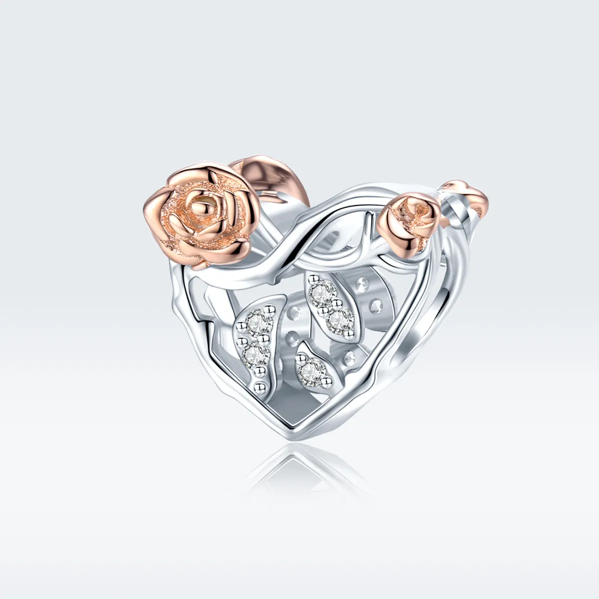 Two Tone Pandora Style Charm, Heart With Roses - BSC280