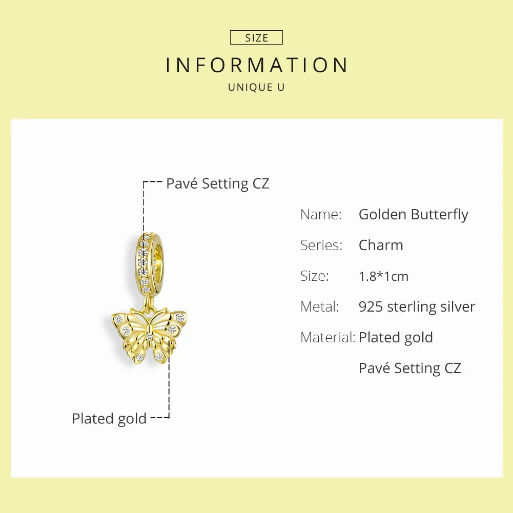 Pandora Style Dangle Charm, Golden Butterfly - BSC248