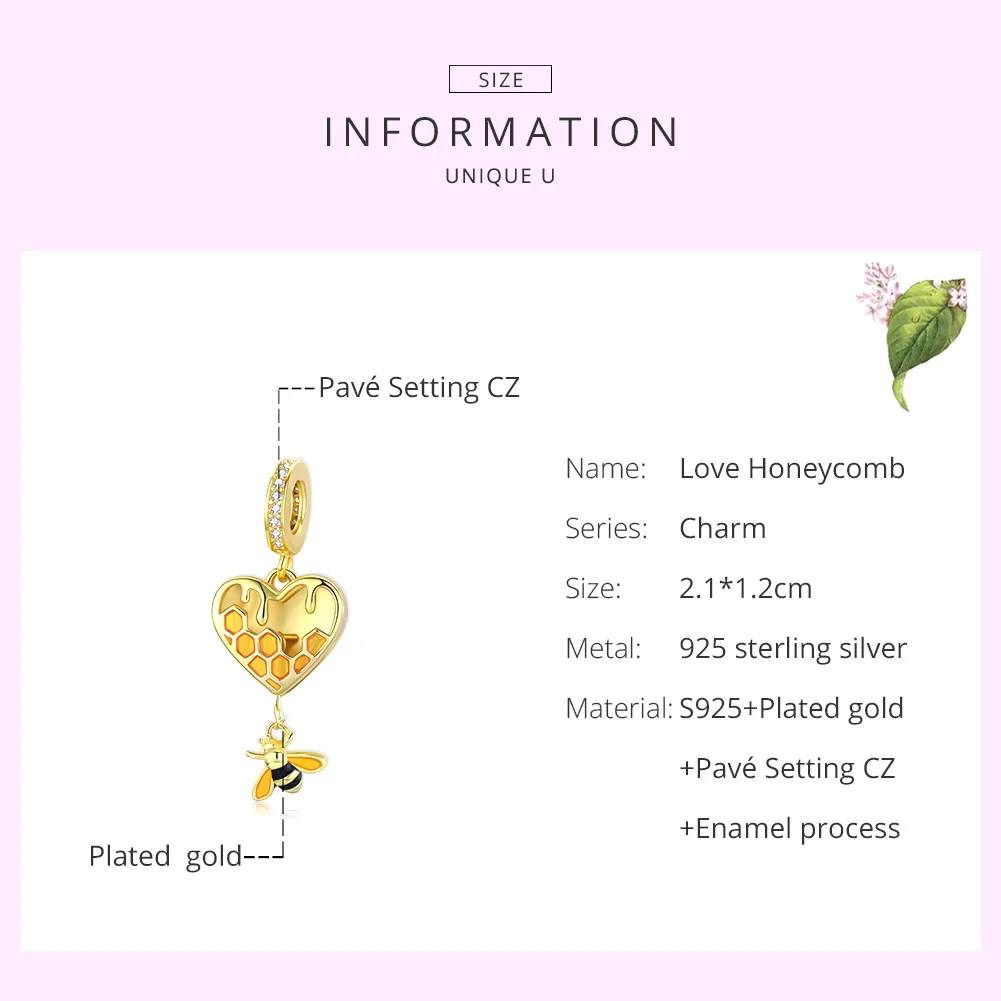 Pandora Style Dangle Charm, Love Honeycomb, 18ct Gold Plated - SCC1714