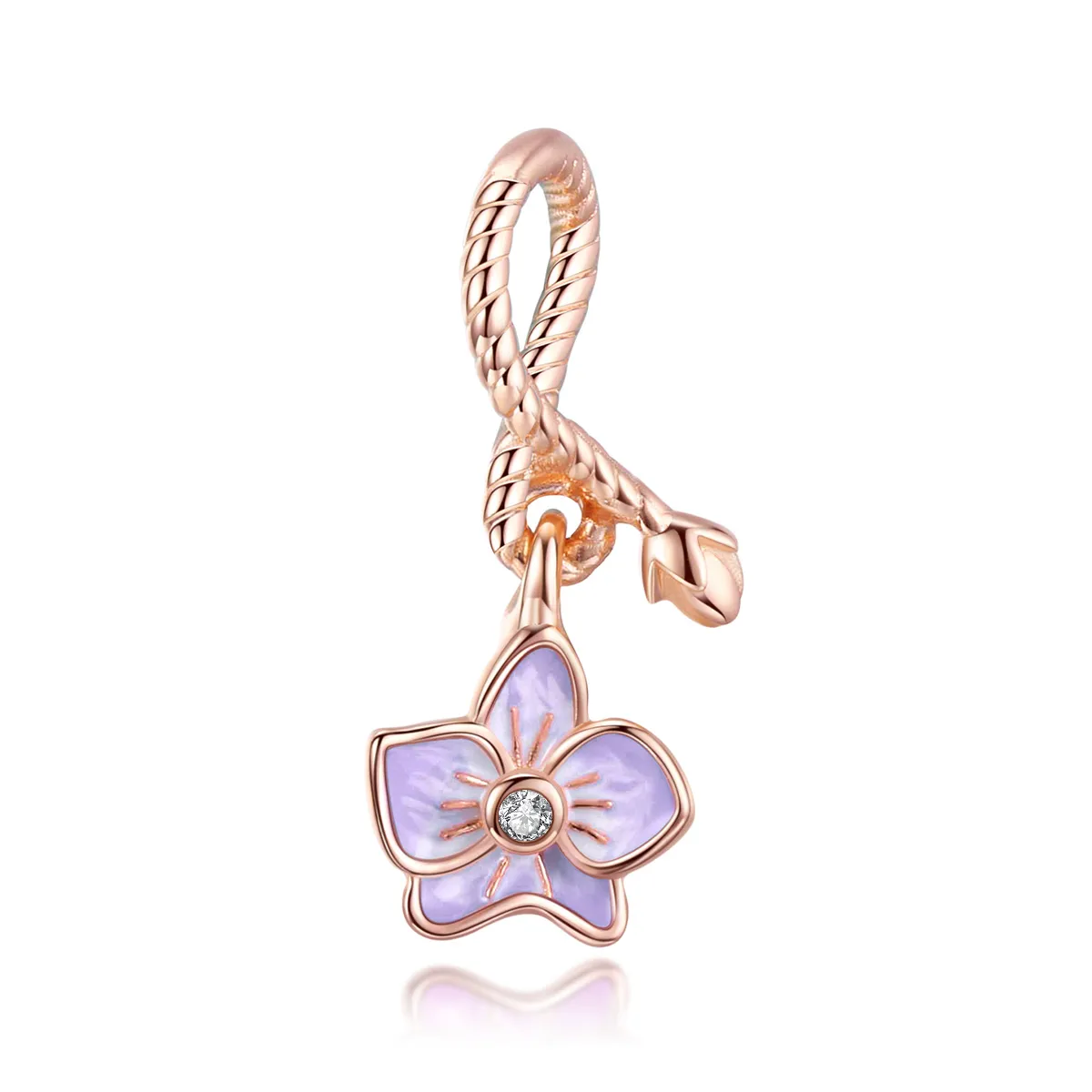 Pandora Style Rose Gold Dangle Charm, Orchid - BSC287