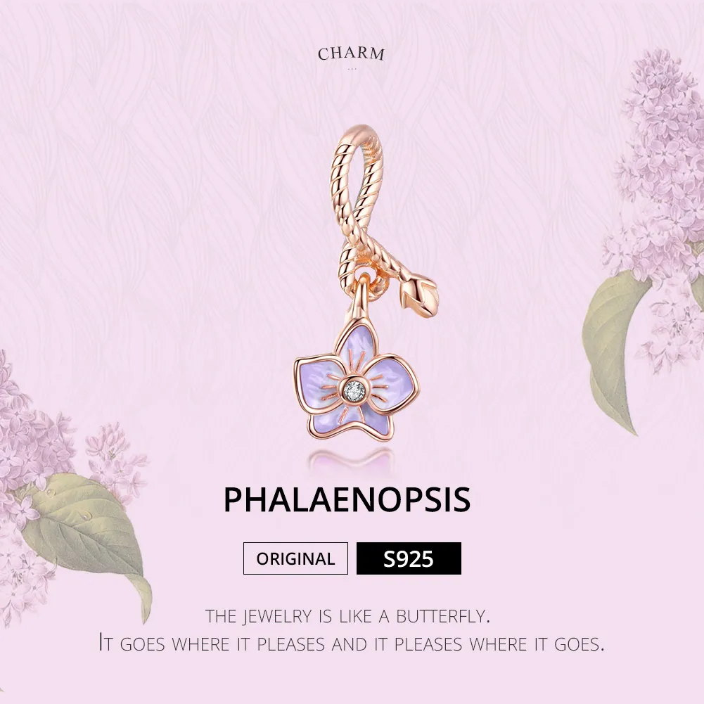 Pandora Style Rose Gold Dangle Charm, Orchid - BSC287