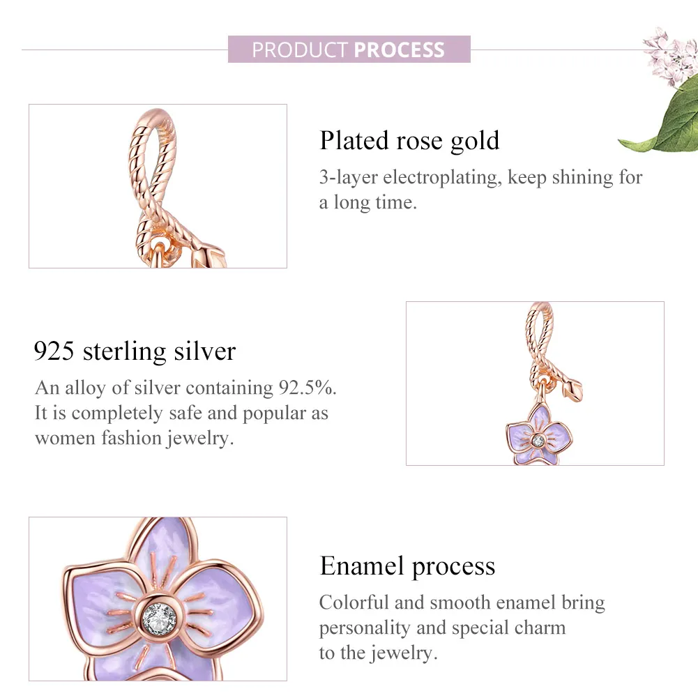 Pandora Style Rose Gold Dangle Charm, Orchid - BSC287