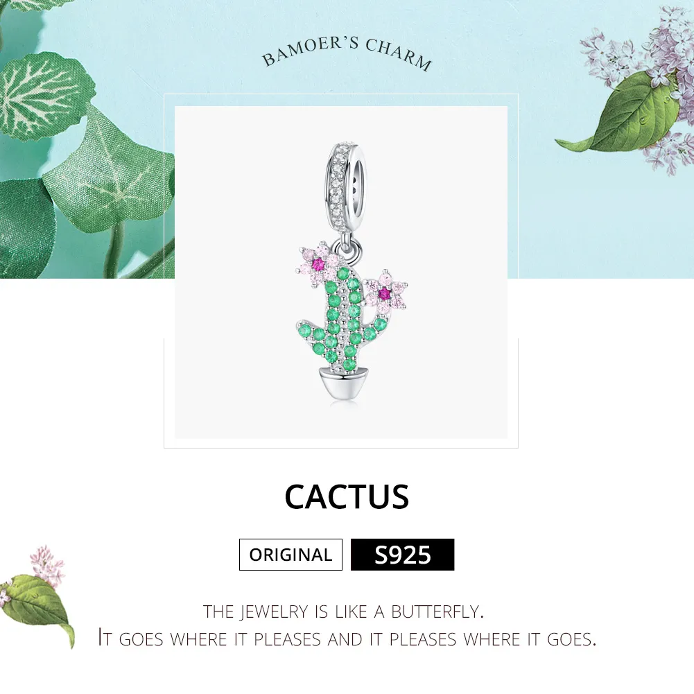 Pandora Style Silver Bangle Charm, Cactus - BSC121