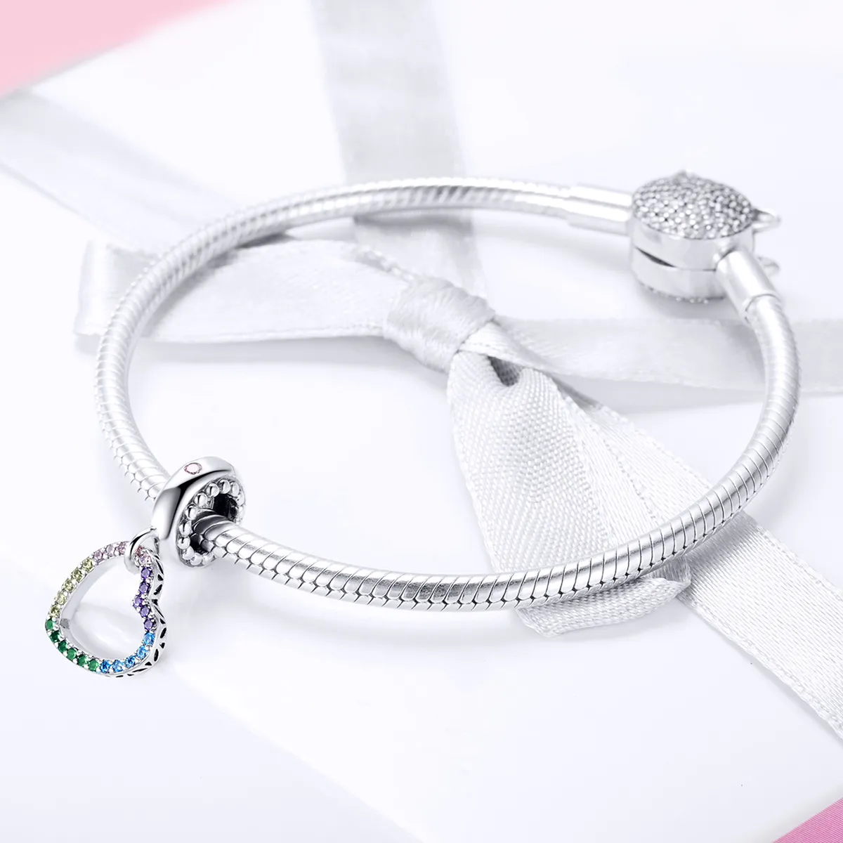 Pandora Style Silver Bangle Charm, Colorful Heart - SCC896