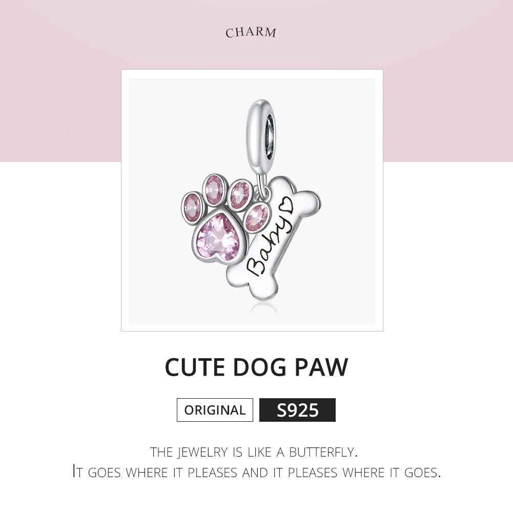 Pandora Style Silver Bangle Charm, Cute Dog Paw - SCC1680