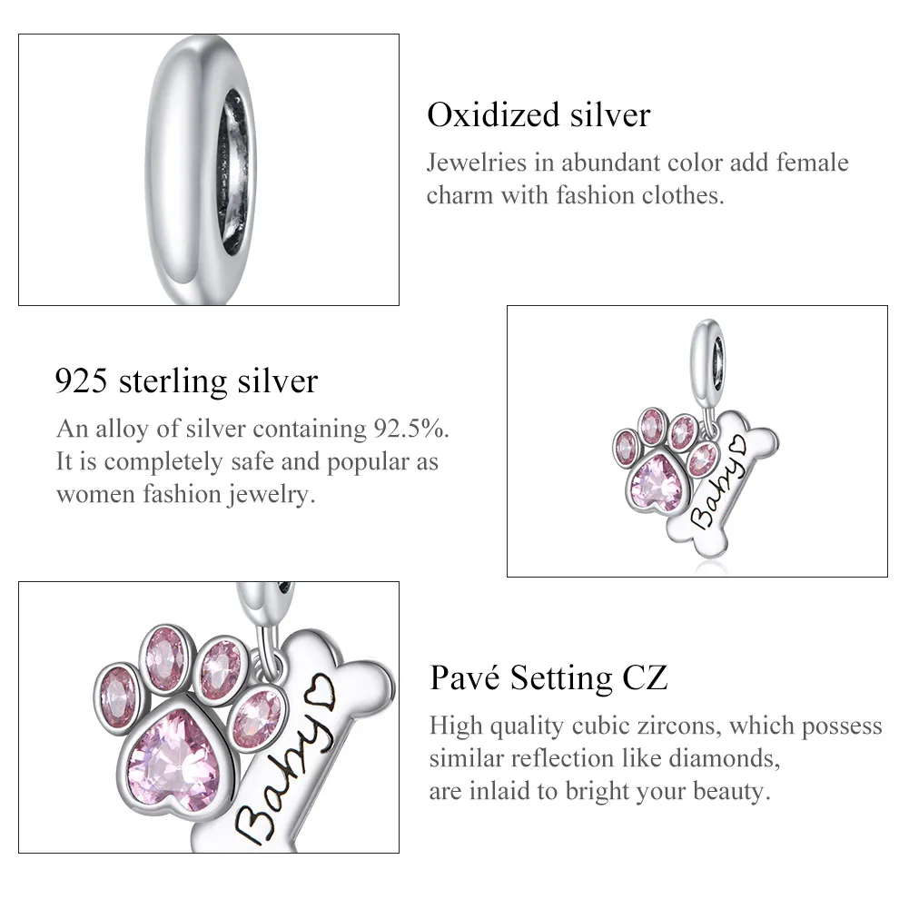 Pandora Style Silver Bangle Charm, Cute Dog Paw - SCC1680