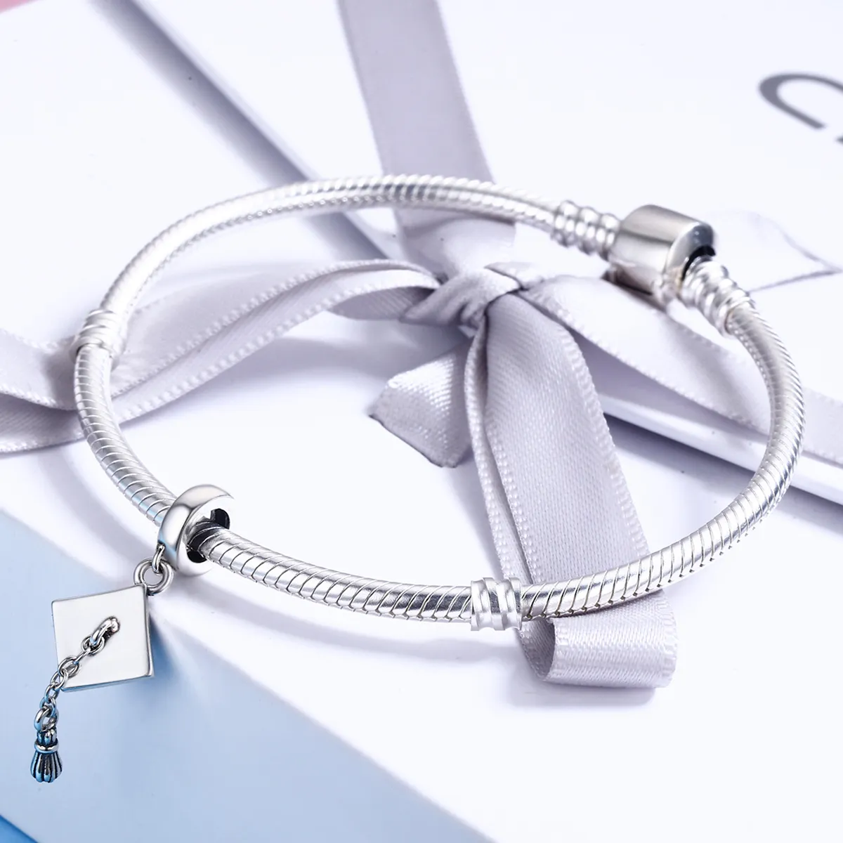 Pandora Style Silver Bangle Charm, Graduation Trencher Cap - SCC459