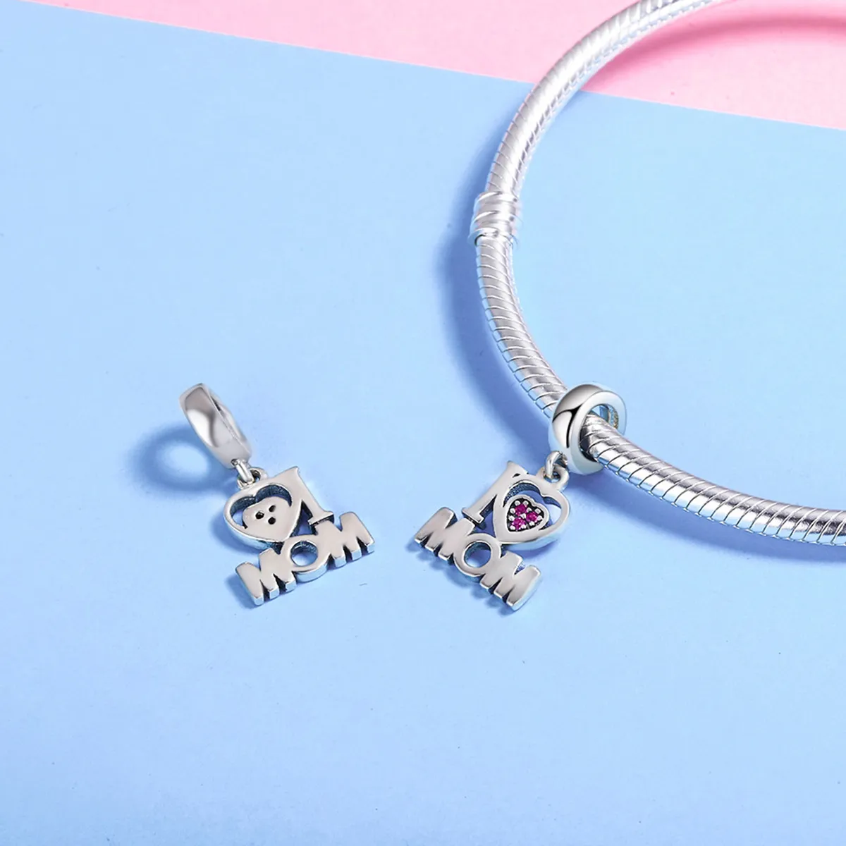 Pandora Style Silver Bangle Charm, I Love Mom - SCC420