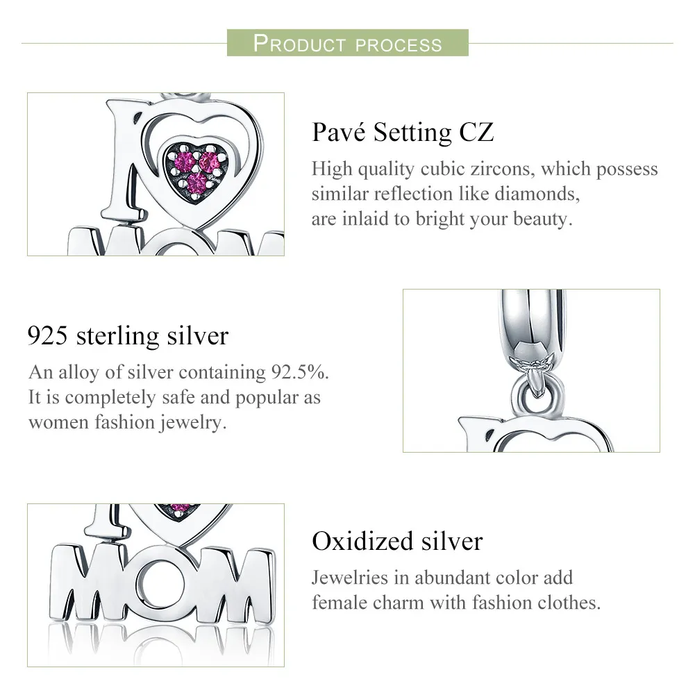 Pandora Style Silver Bangle Charm, I Love Mom - SCC420