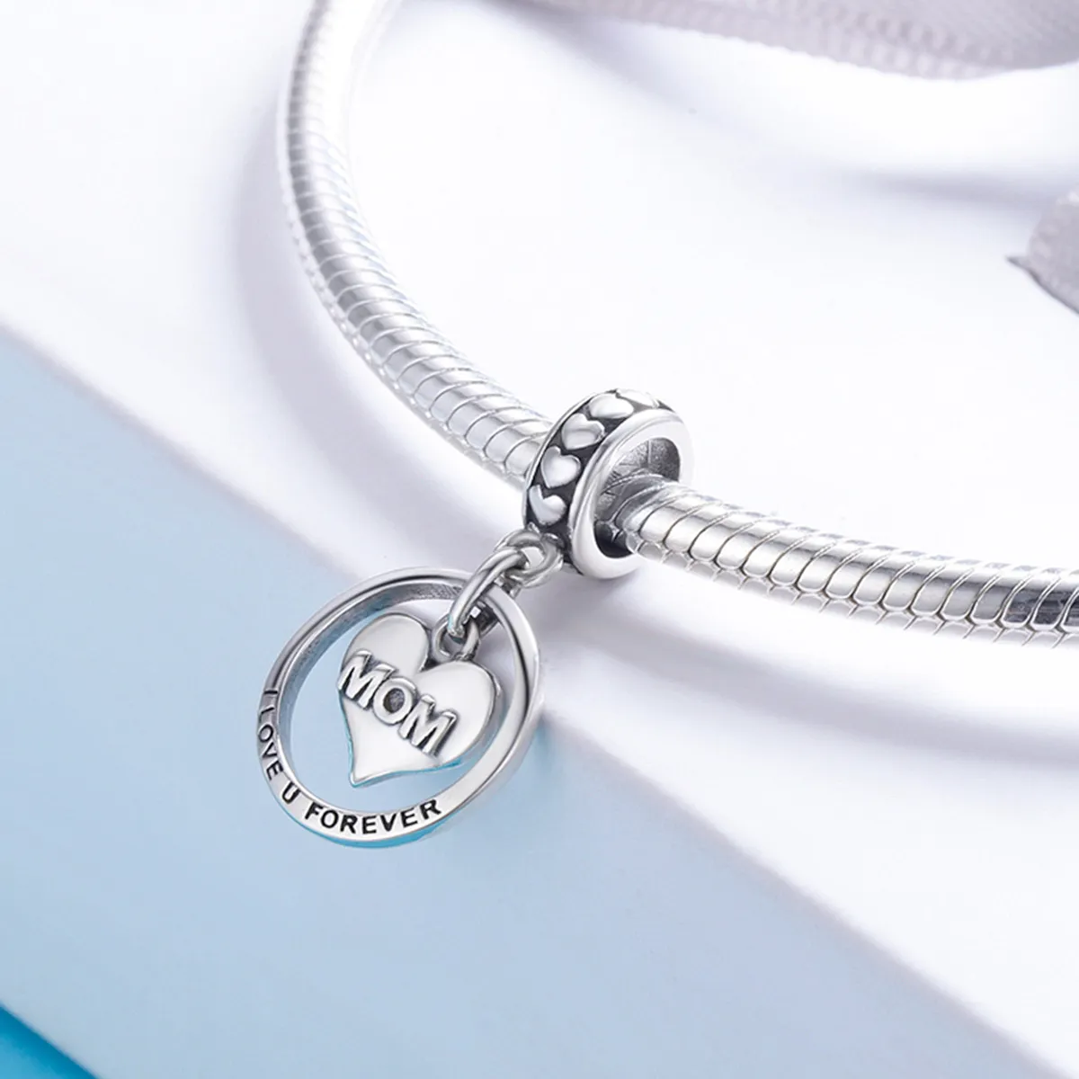 Pandora Style Silver Bangle Charm, Love Mom - SCC649