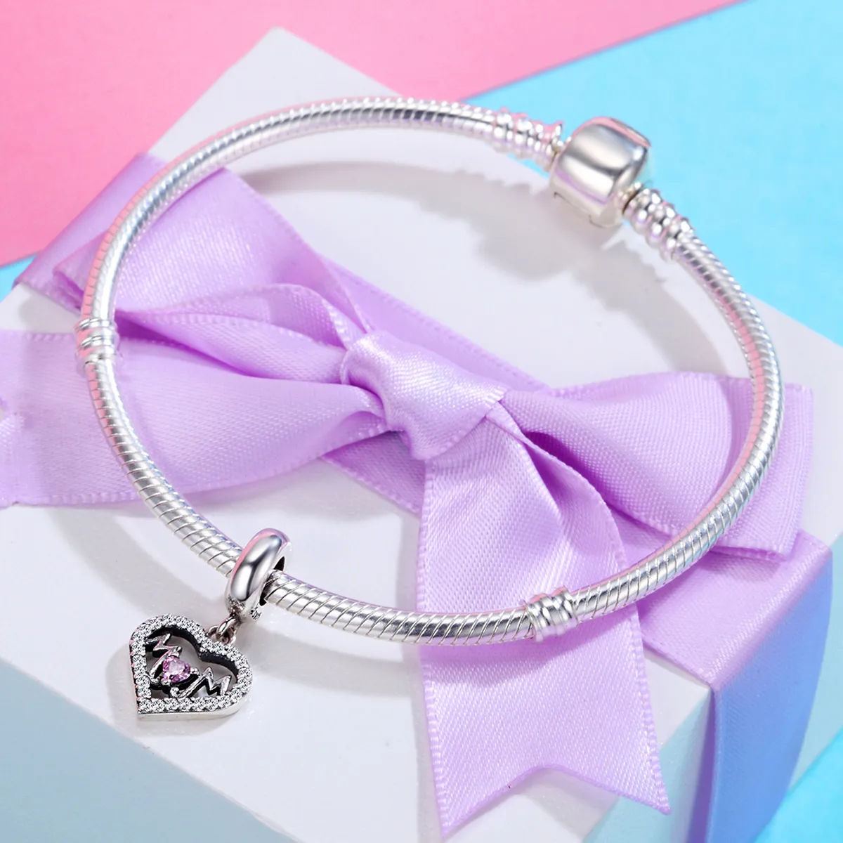 Pandora Style Silver Bangle Charm, Mom Heart - SCC392