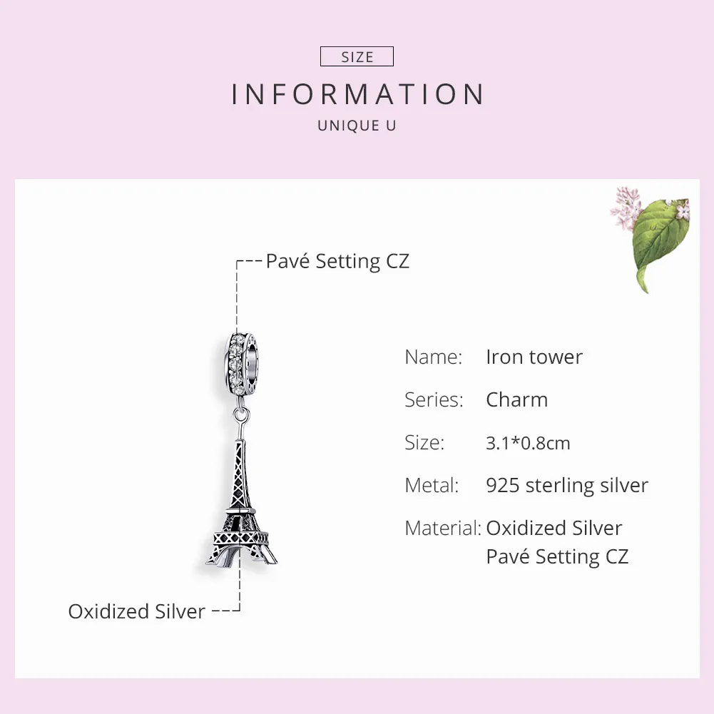 Pandora Style Silver Bangle Charm, Paris Eiffel Tower - BSC154