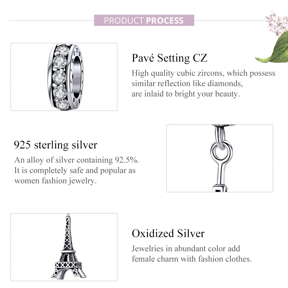 Pandora Style Silver Bangle Charm, Paris Eiffel Tower - BSC154