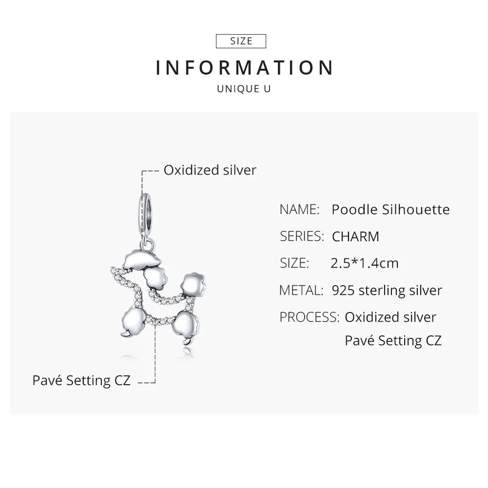 Pandora Style Silver Bangle Charm, Poodle Silhouette - SCC1681