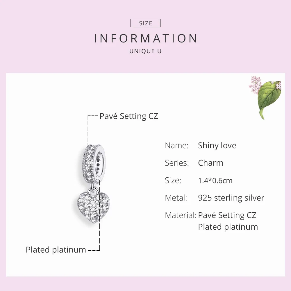 Pandora Style Silver Bangle Charm, Shiny Love - BSC211