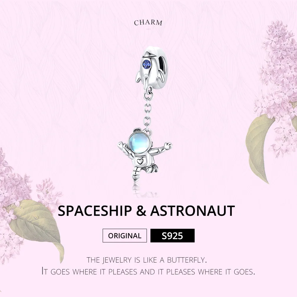 Pandora Style Silver Bangle Charm, Spaceship & Astronaut - SCC1695