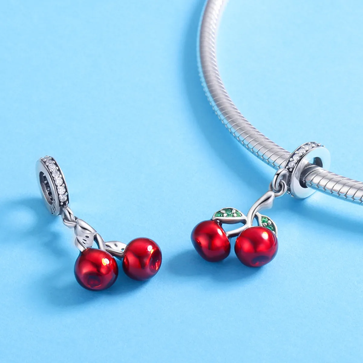 Pandora Style Silver Bangle Charm, Summer Cherries - SCC784