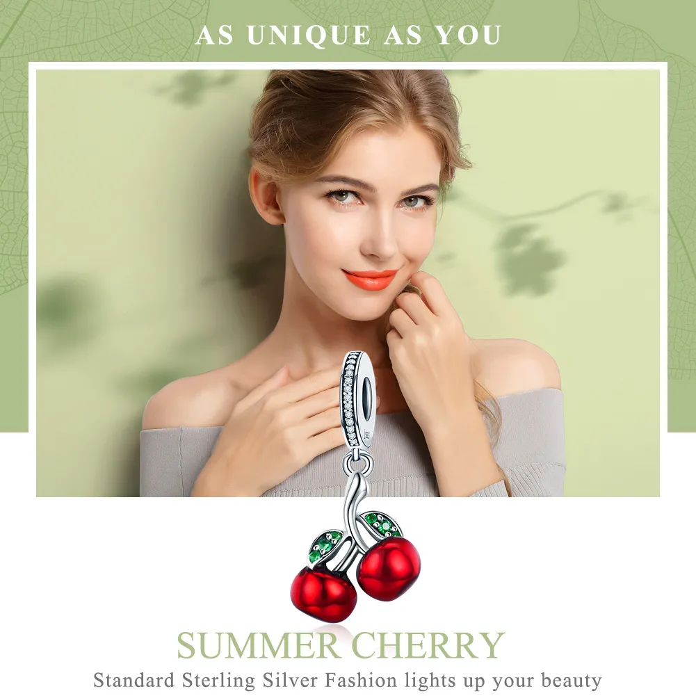 Pandora Style Silver Bangle Charm, Summer Cherries - SCC784