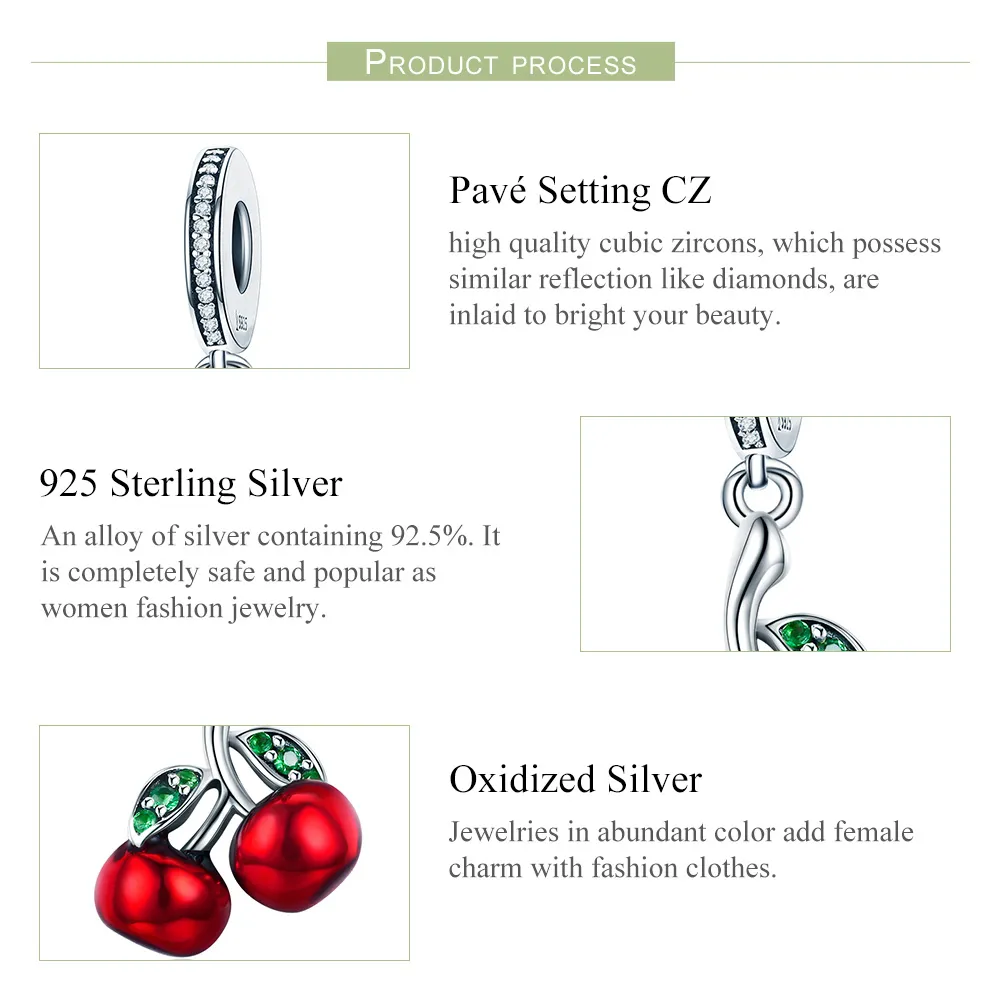 Pandora Style Silver Bangle Charm, Summer Cherries - SCC784