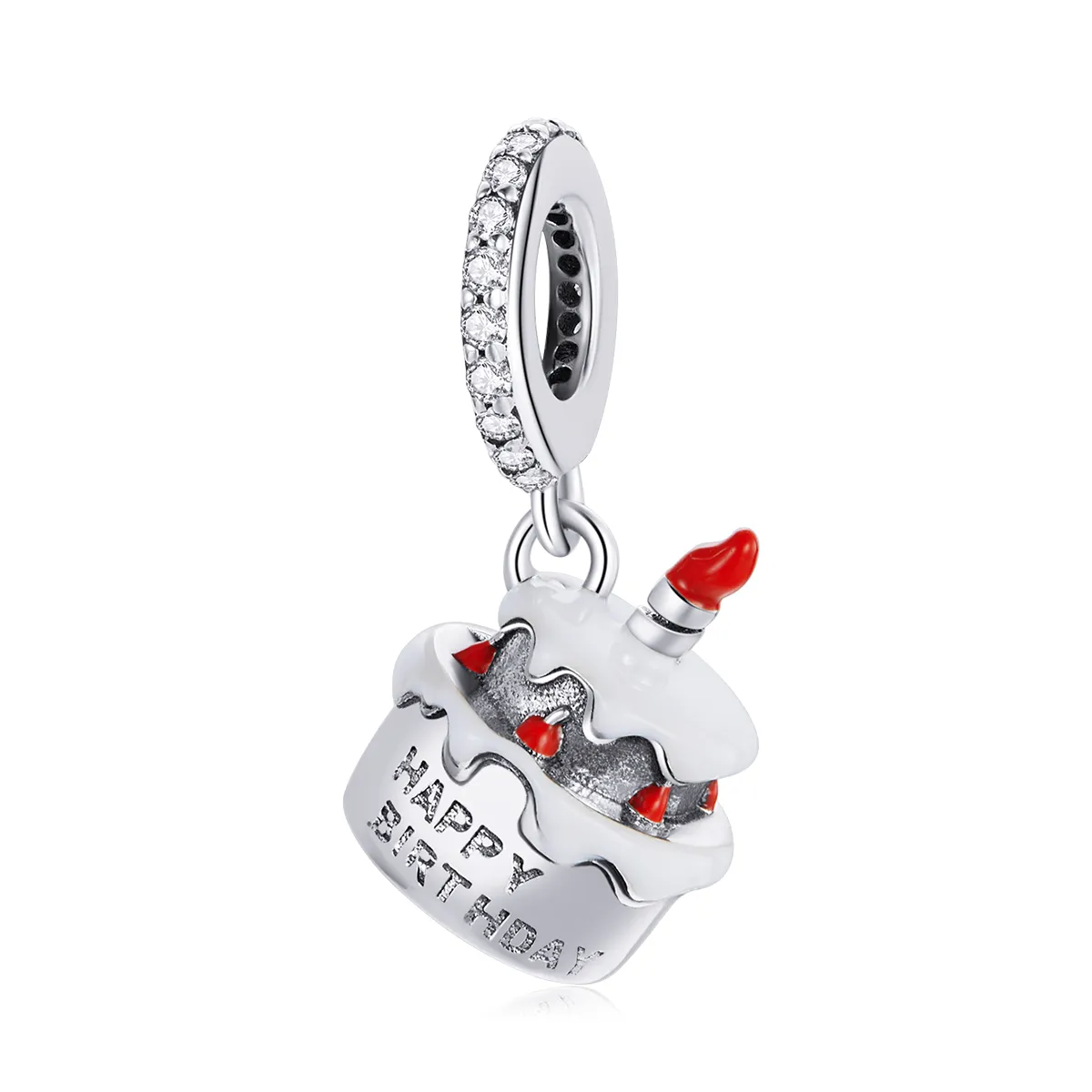 Pandora Style Silver Dangle Charm, Birthday Cake, Red Enamel - SCC1848