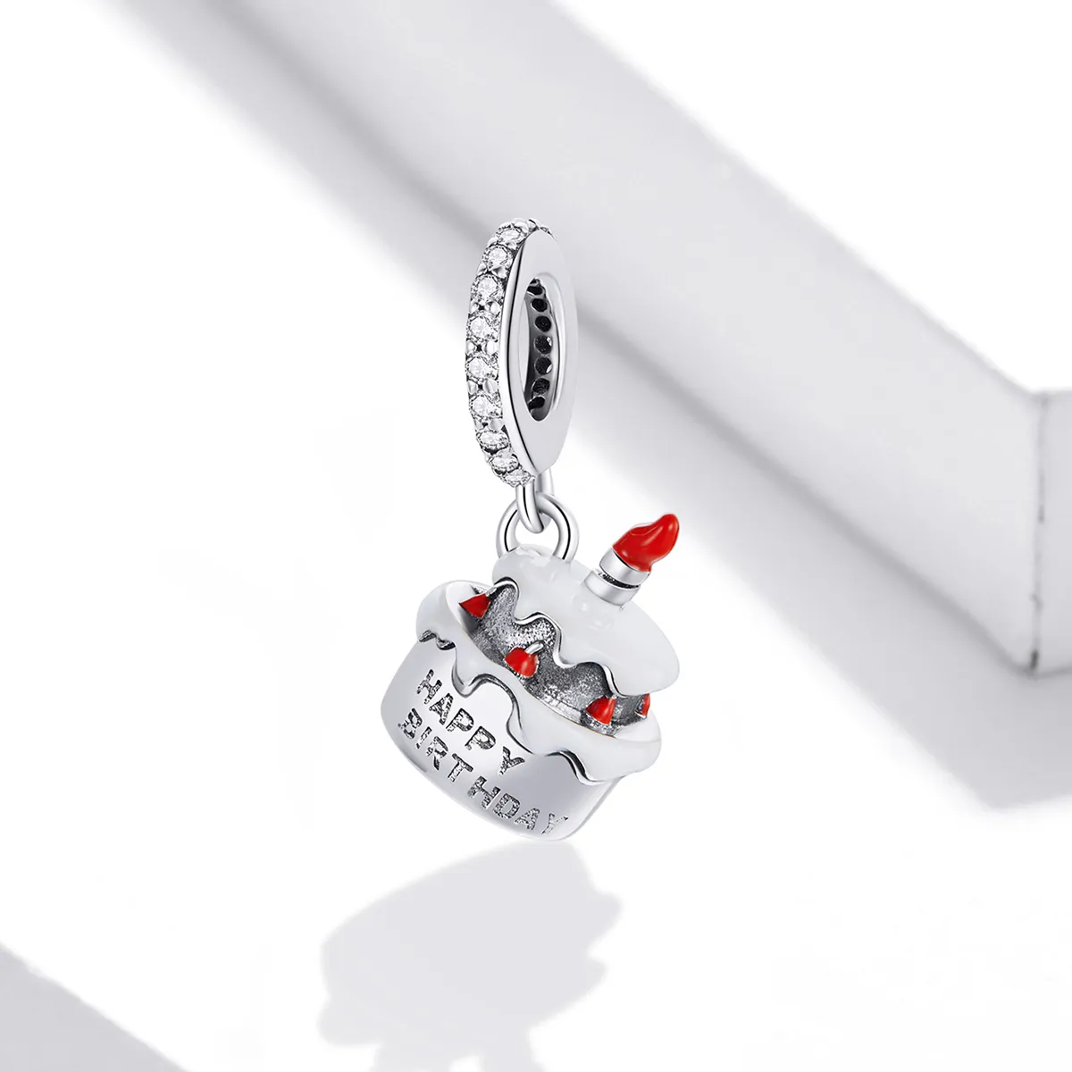 Pandora Style Silver Dangle Charm, Birthday Cake, Red Enamel - SCC1848