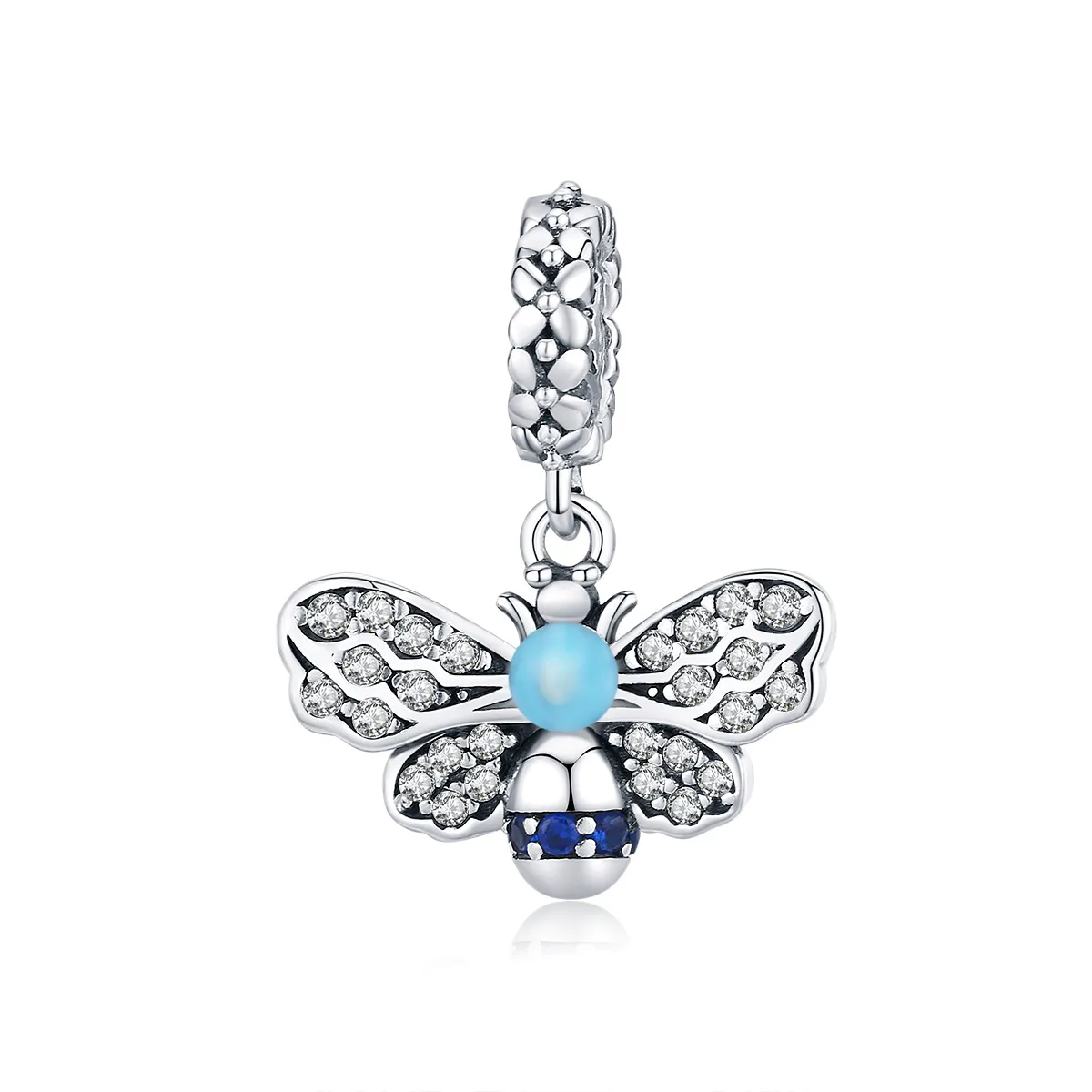 Pandora Style Silver Dangle Charm, Blue Bee, Cyan Enamel - SCC1480