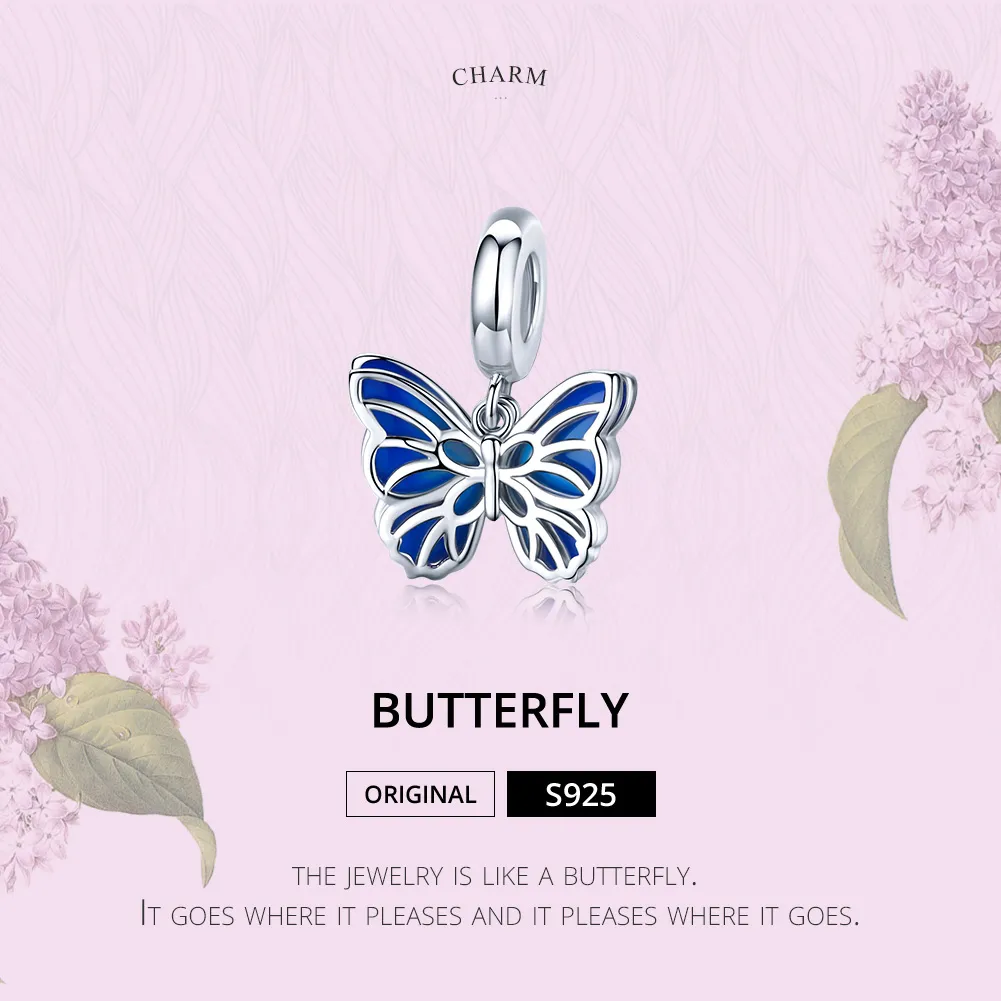 Pandora Style Silver Dangle Charm, Butterfly, Blue Enamel - BSC149