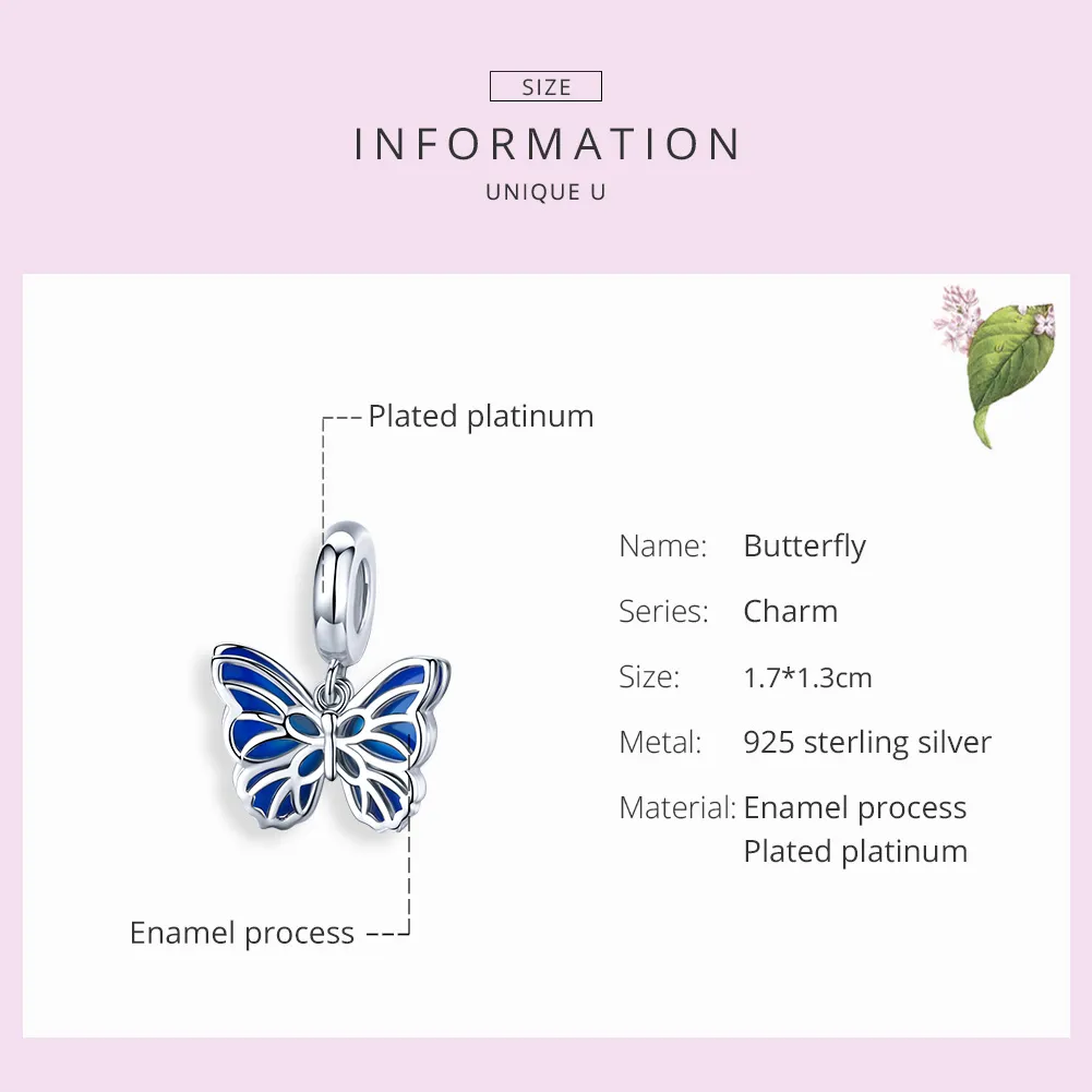 Pandora Style Silver Dangle Charm, Butterfly, Blue Enamel - BSC149