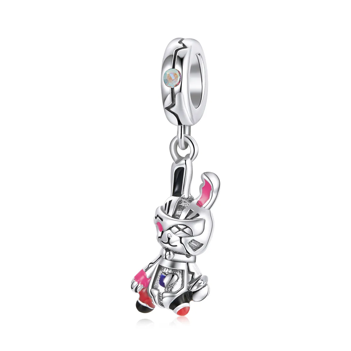 Pandora Style Silver Dangle Charm, Cyberpunk - Mechanical Rabbit, Multicolor Enamel - SCC1841