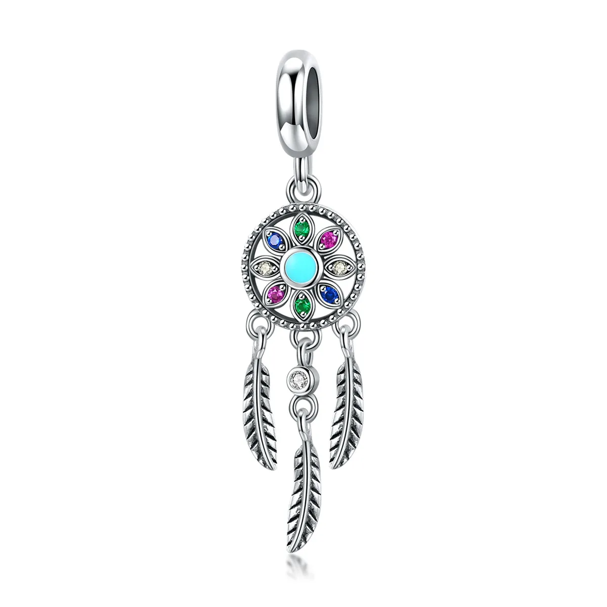 Pandora Style Silver Dangle Charm, Dreamcatcher, Multicolor Enamel - SCC961