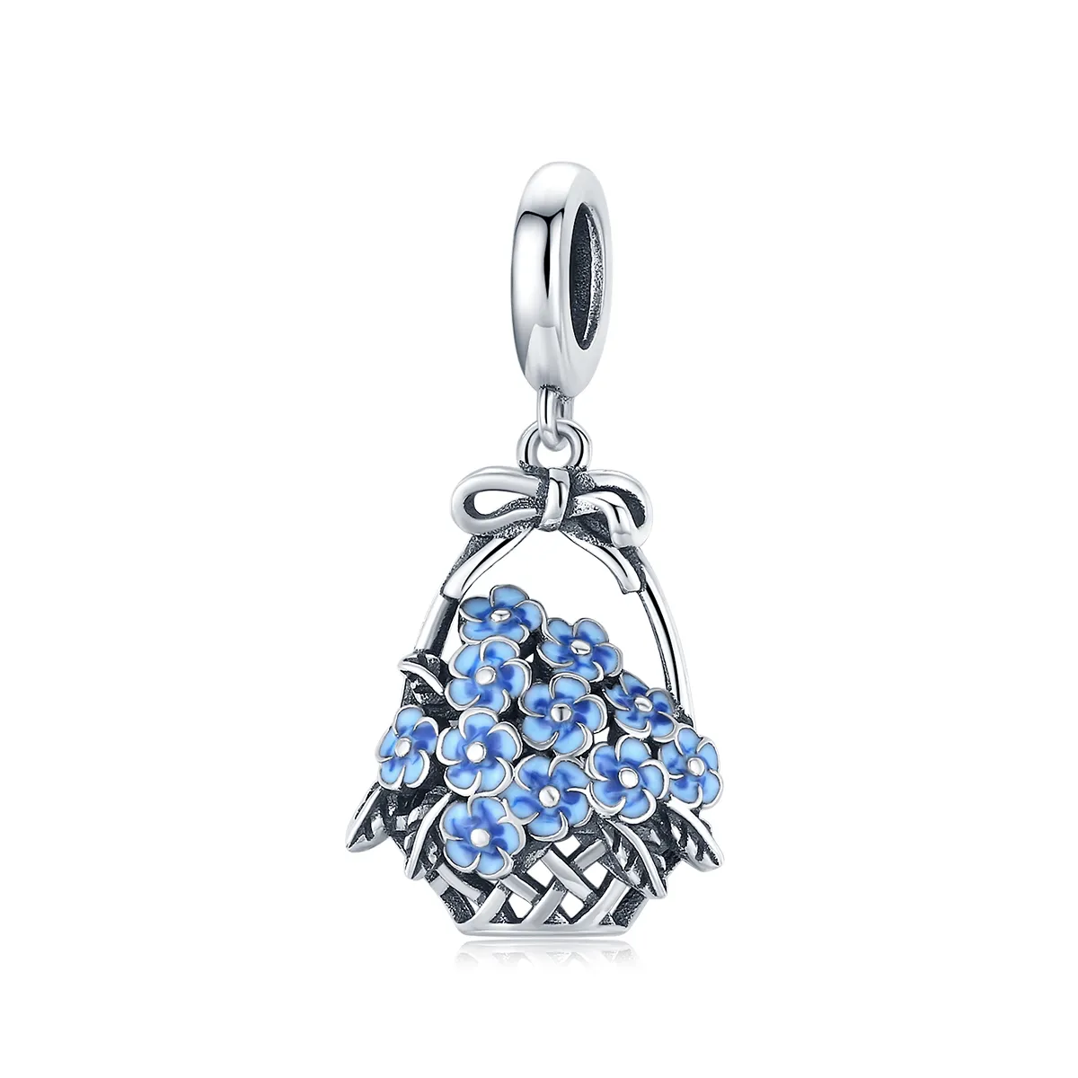 Pandora Style Silver Dangle Charm, Flower Basket, Blue Enamel - SCC1717