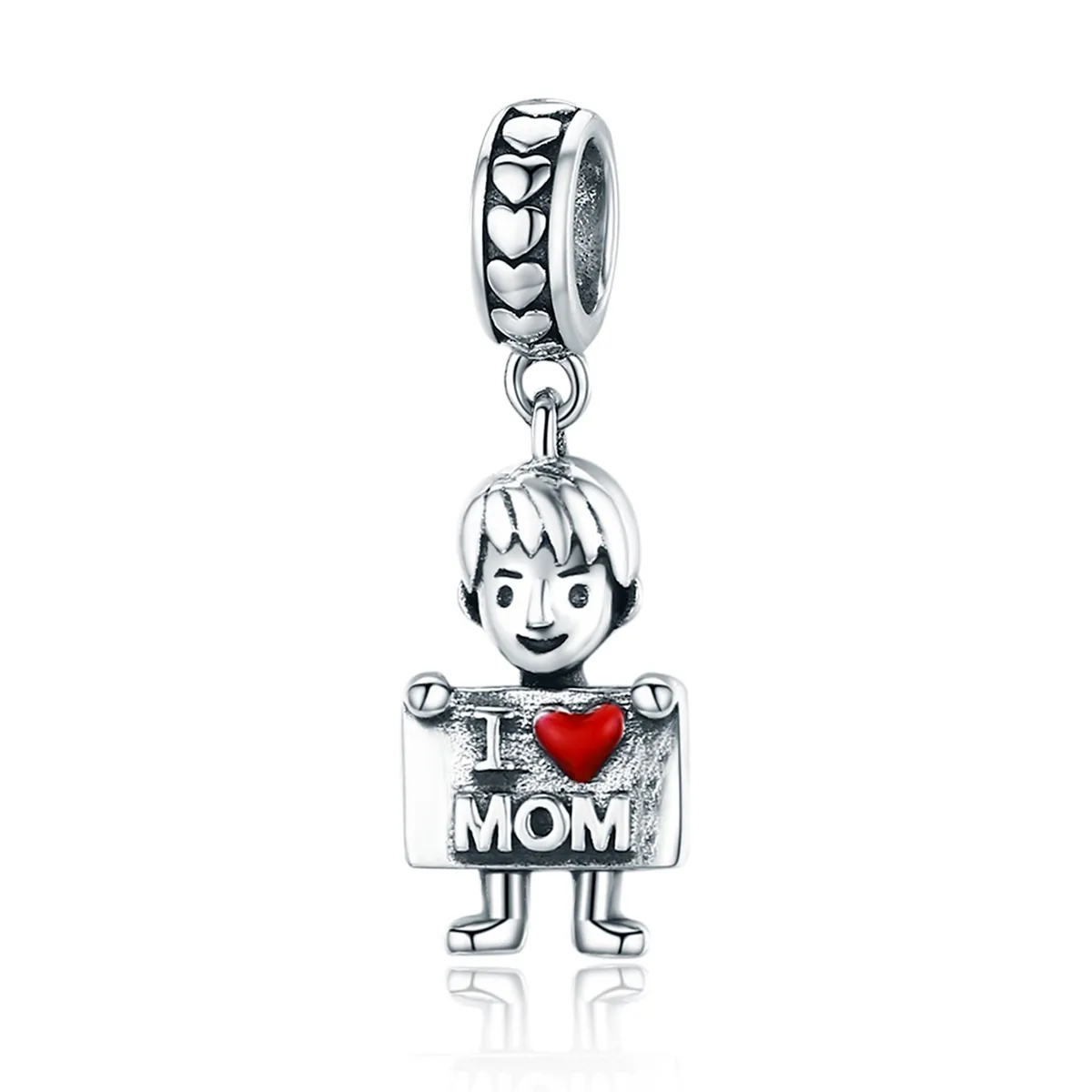 Pandora Style Silver Dangle Charm, I Love Mom, Red Enamel - SCC691