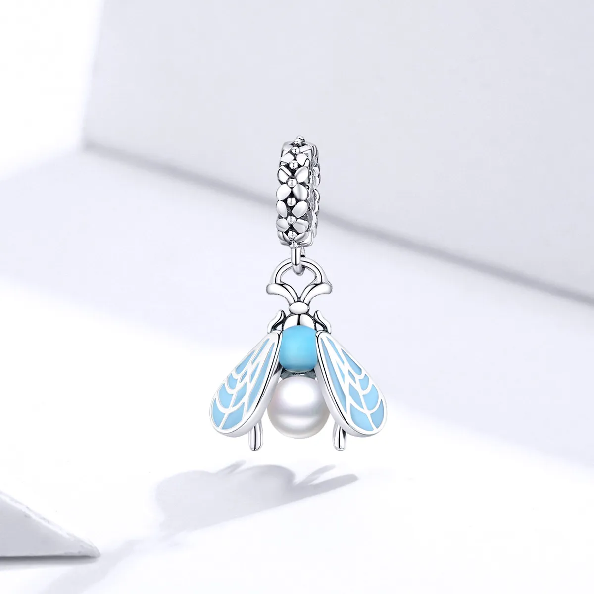 Pandora Style Silver Dangle Charm, Moths, Cyan Enamel - SCC1479