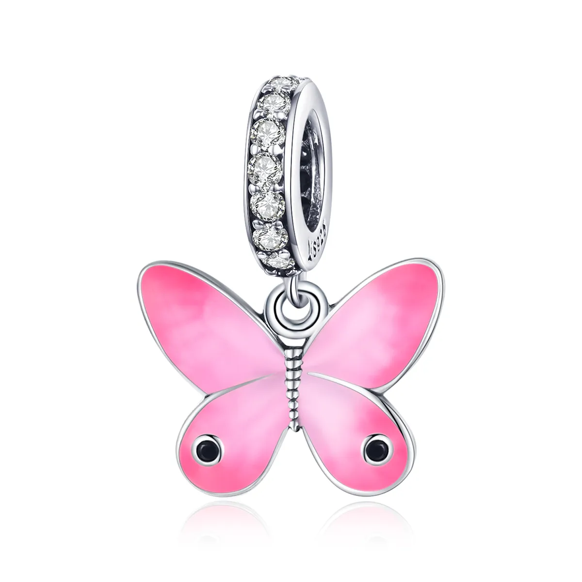 Pandora Style Silver Dangle Charm, Pink Butterfly, Pink Enamel - SCC1728