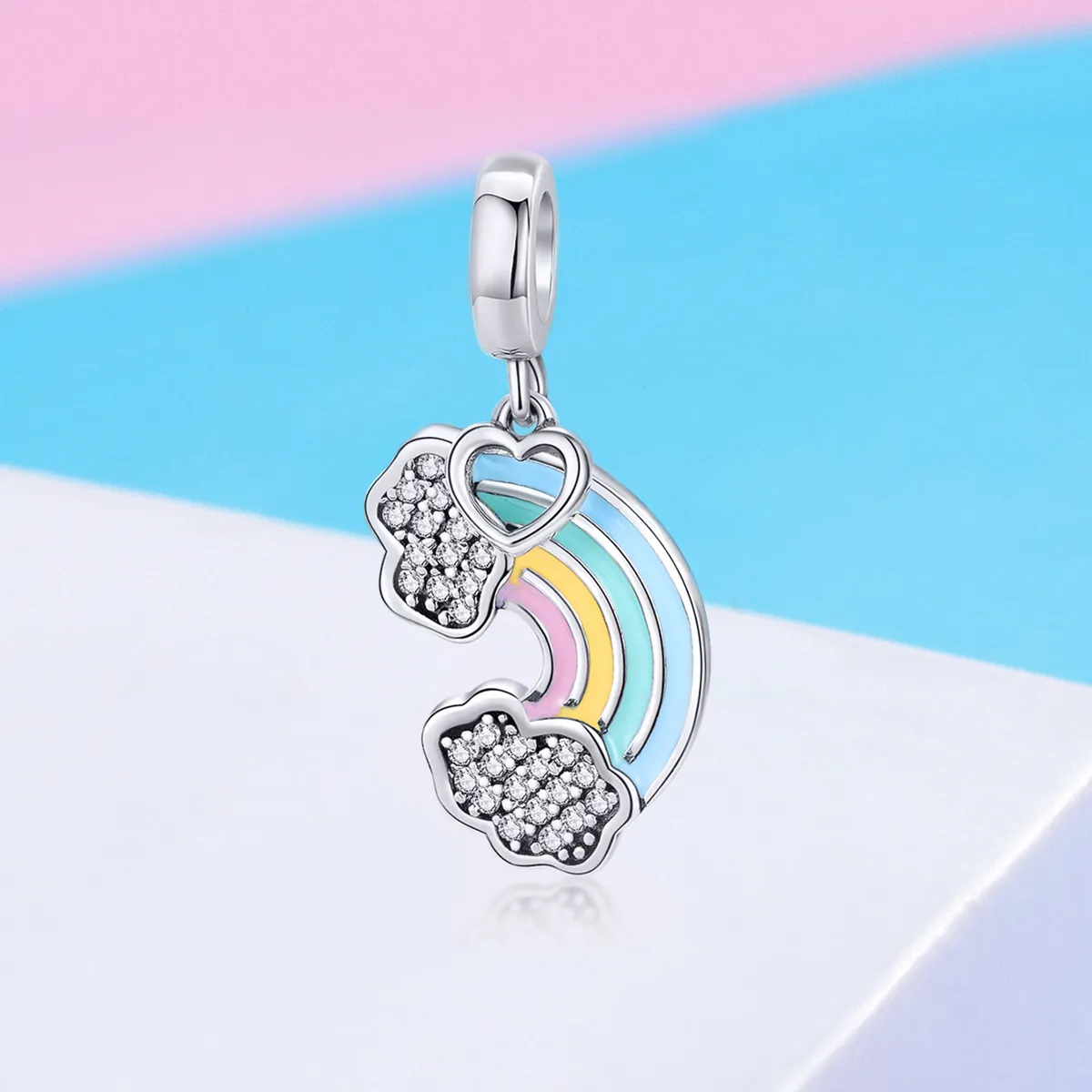 Pandora Style Silver Dangle Charm, Rainbow After Rain, Multicolor Enamel - SCC905