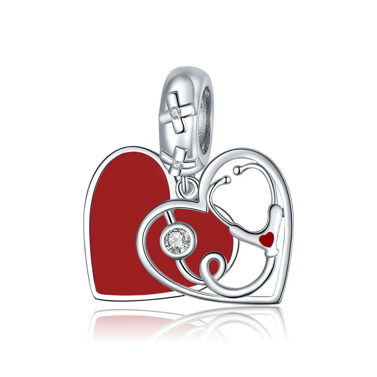 Pandora Style Silver Dangle Charm, Stethoscope With Red Heart, Red Enamel - BSC308