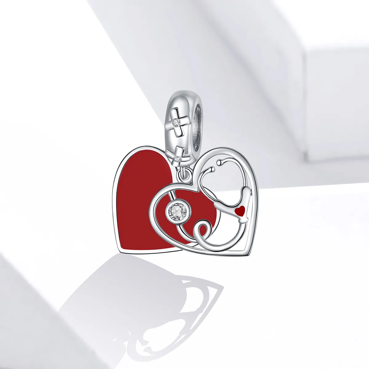 Pandora Style Silver Dangle Charm, Stethoscope With Red Heart, Red Enamel - BSC308