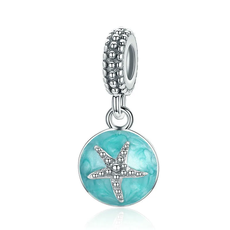 Pandora Style Silver Dangle Charm, Summer Style Blue Sea, Green Enamel - SCC136