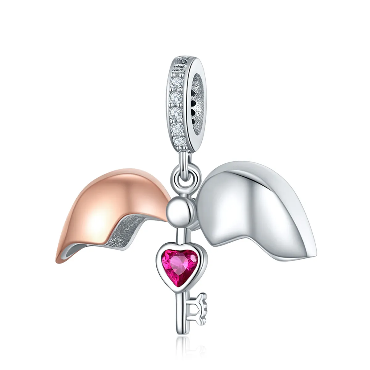 Pandora Style Tri-tone Bangle Charm, Bicolor Key In Open Heart - SCC844