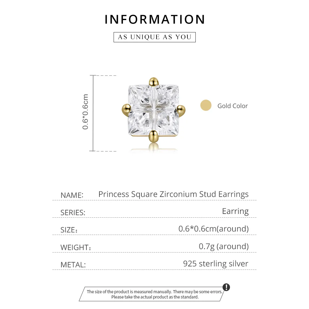 Pandora Style 18ct Gold Plated Stud Earrings, Princess Square Zirconium - SCE1090