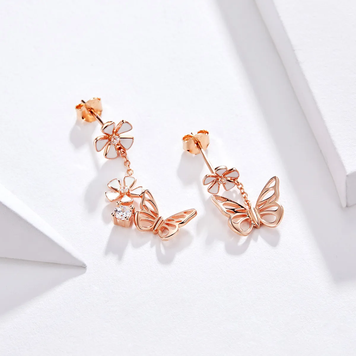 Pandora Style Rose Gold Dangle Earrings, Dancing Butterfly - BSE100