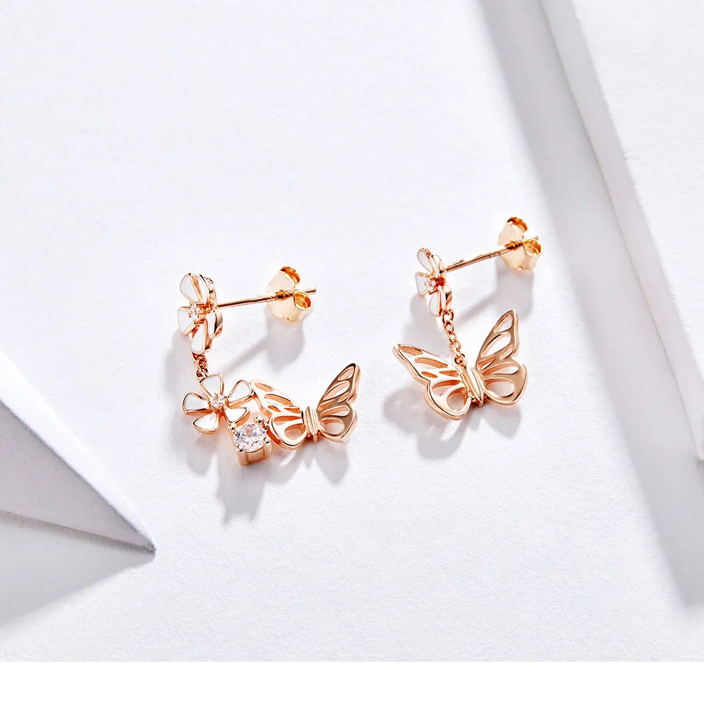 Pandora Style Rose Gold Dangle Earrings, Dancing Butterfly - BSE100