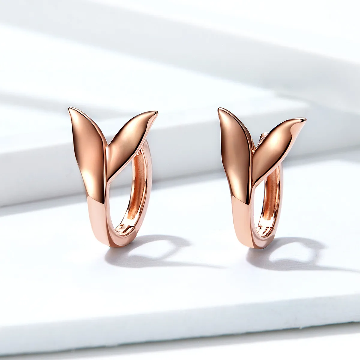 Pandora Style Rose Gold Hoop Earrings, Dolphin Tail - BSE078